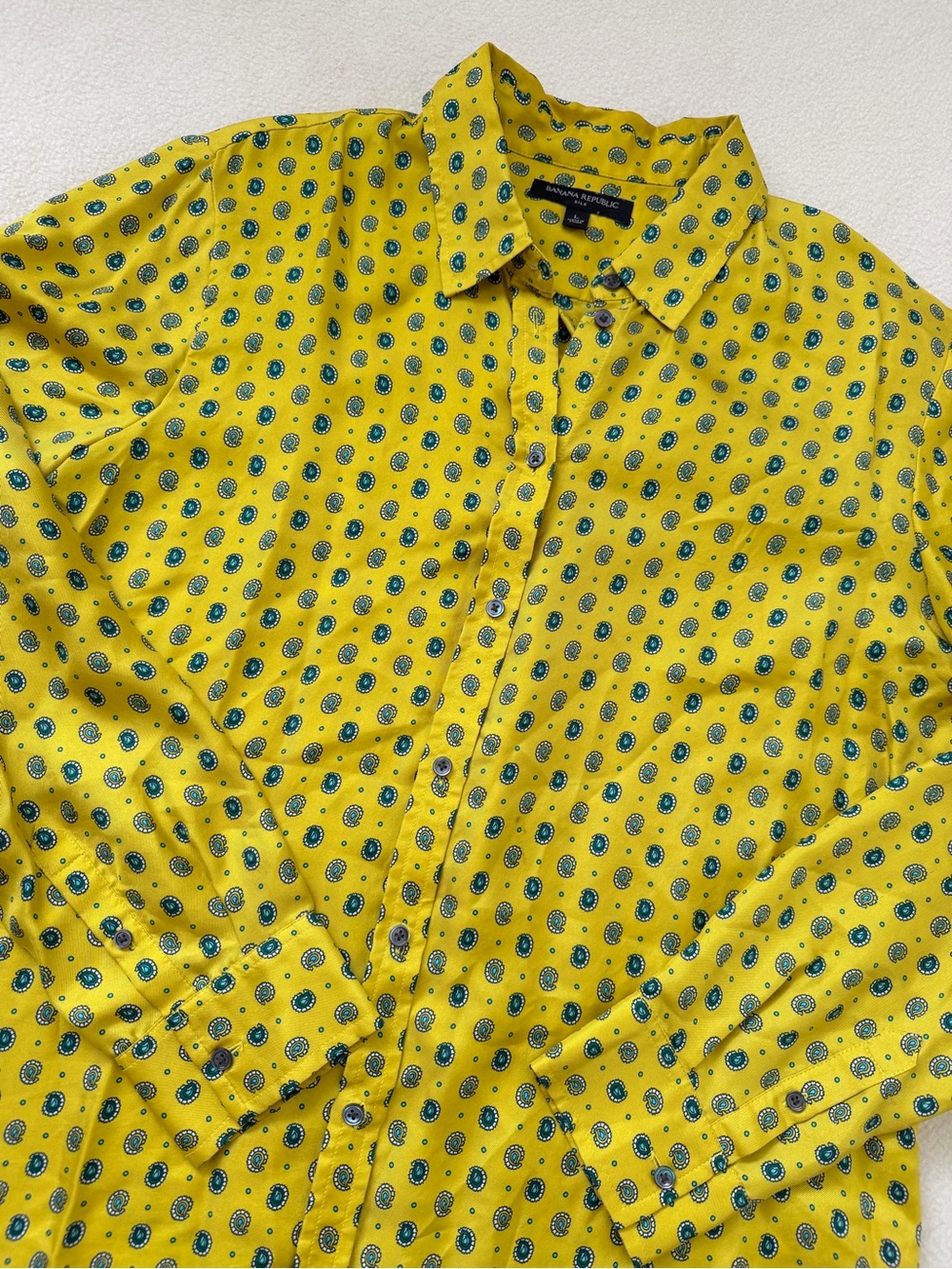 Banana Republic Yellow Button-Down Shirt with Teal Spot Pattern